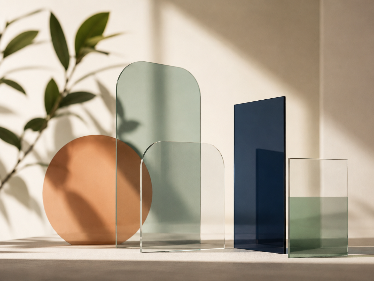 Abstract geometric glass and coloured shapes arranged in natural light
