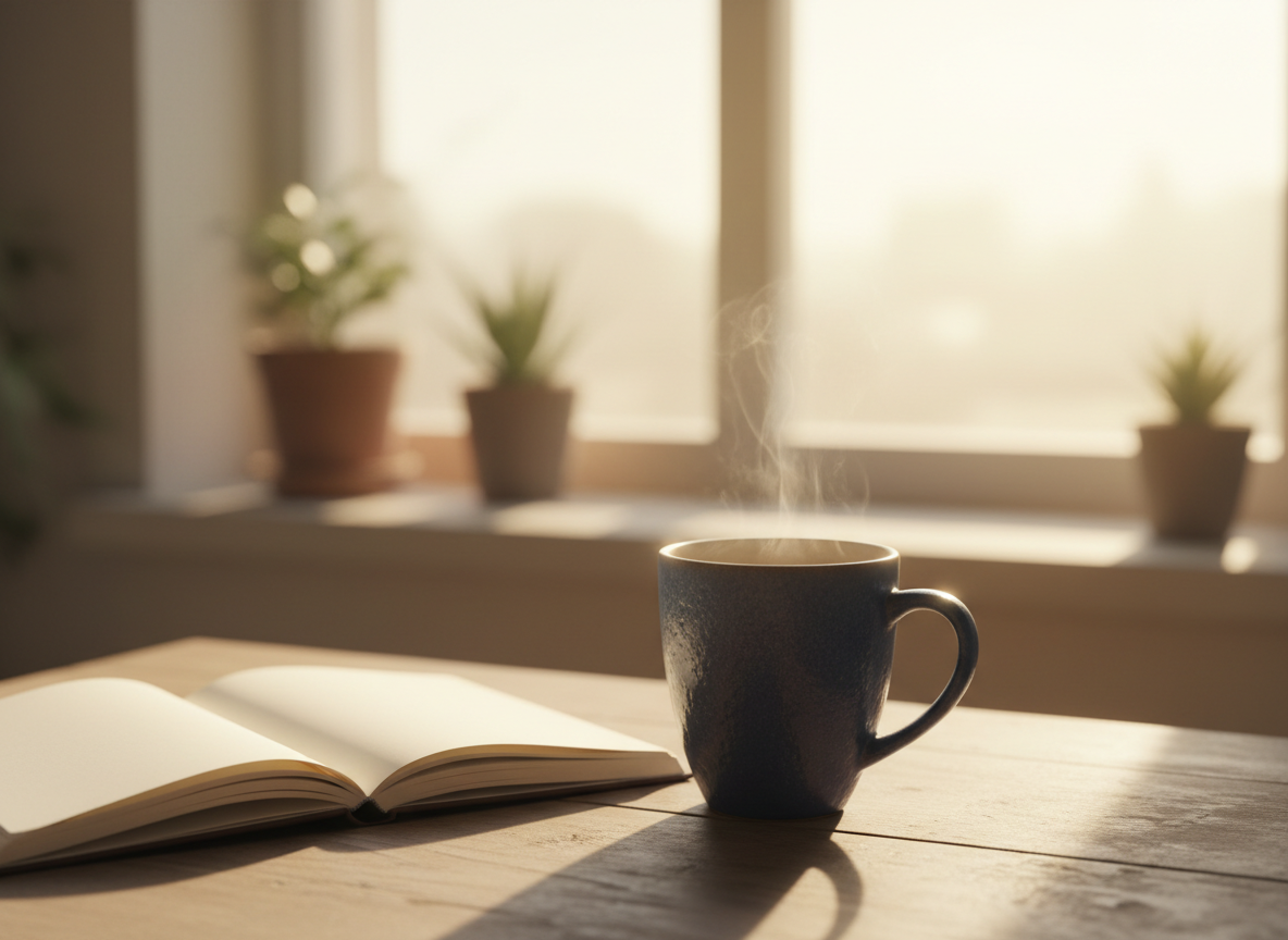 A calm abstract notebook and ceramic mug in soft morning light