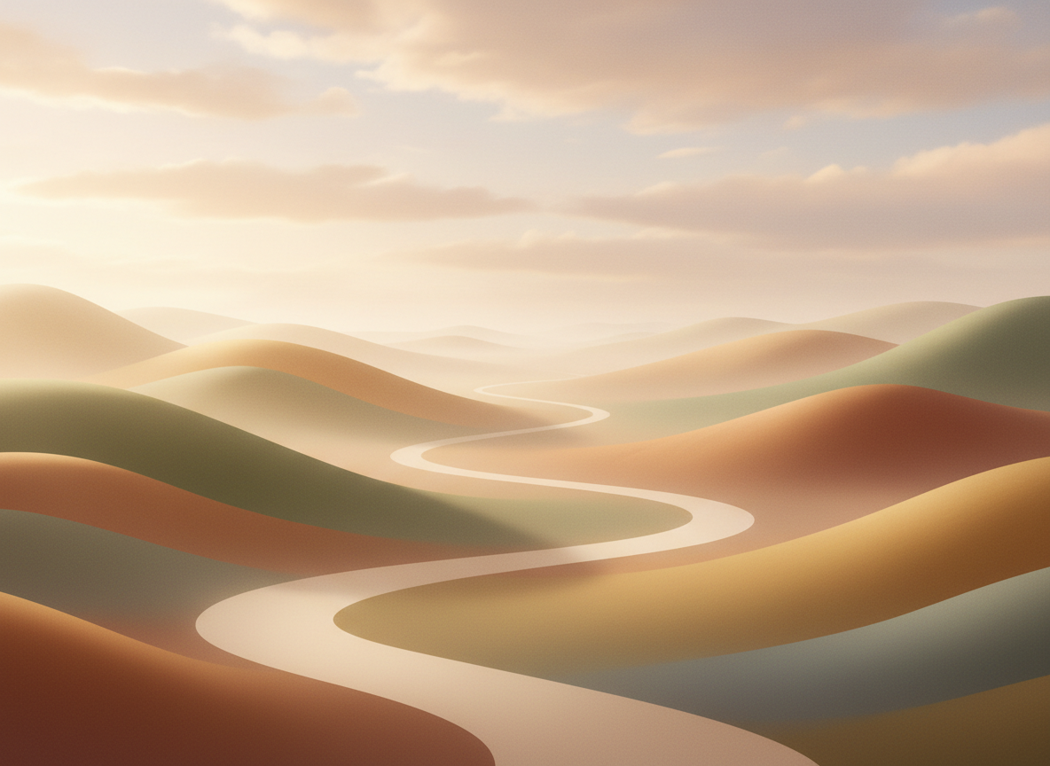 A calm abstract winding path through gentle rolling hills at golden hour