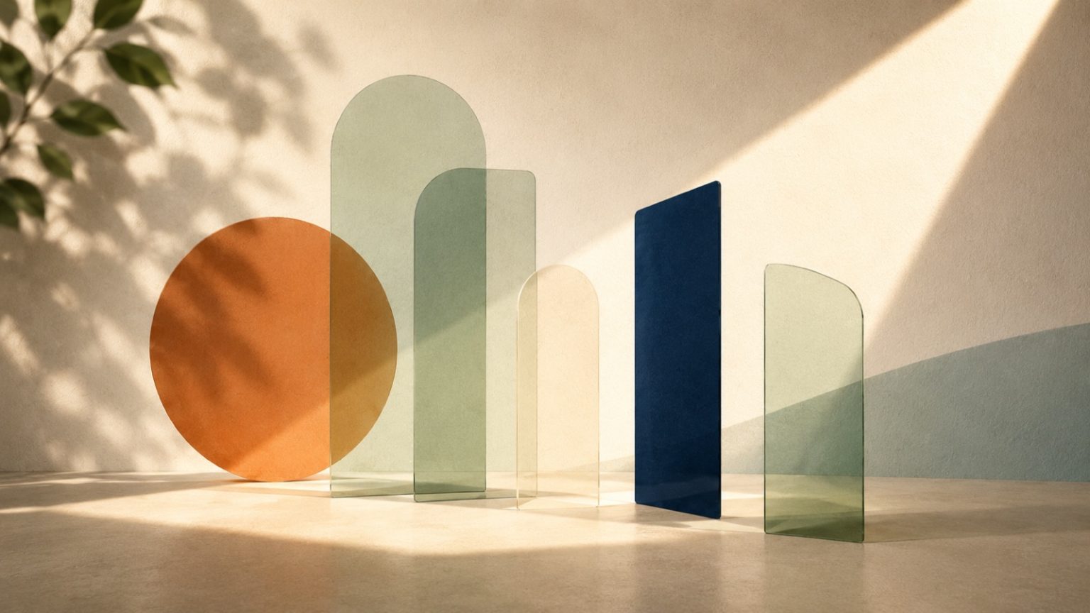 Abstract layered illustration of a doorway of light at the end of a winding path through terracotta, sage and blue hills